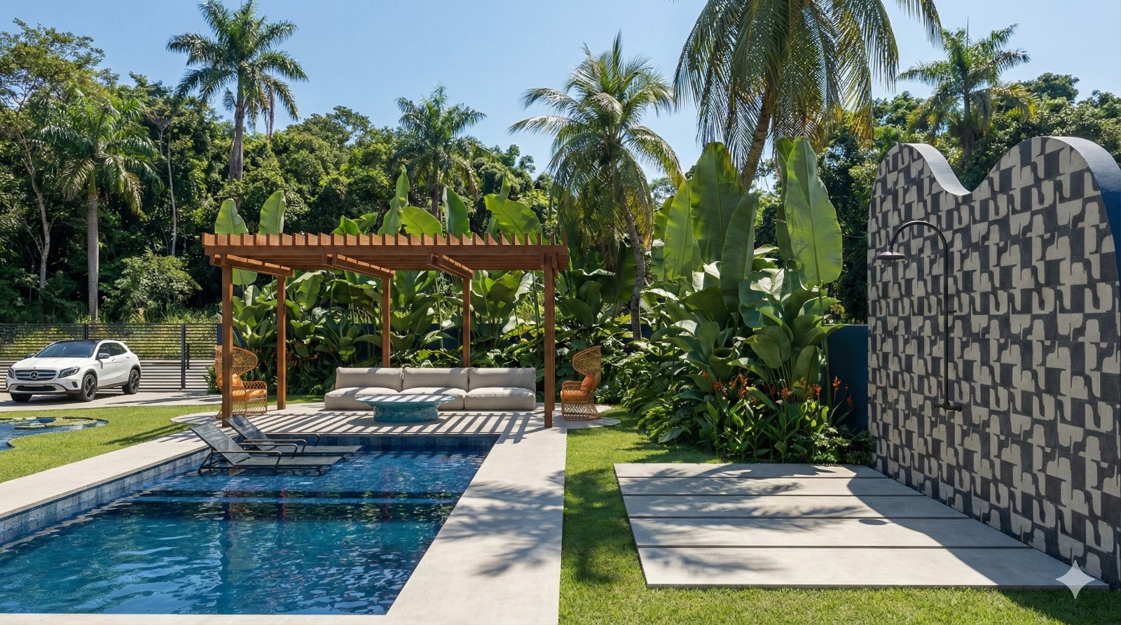 Área externa com piscina, pergolado e paisagismo tropical — projeto residencial